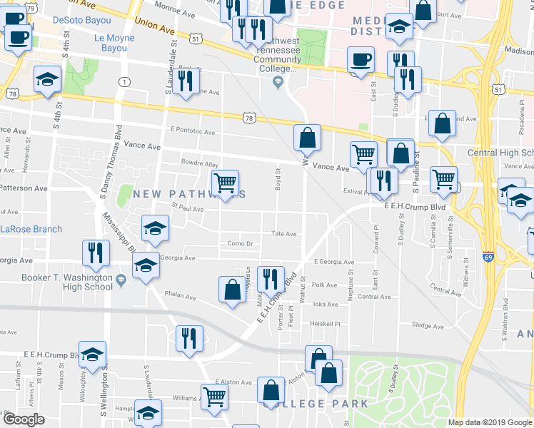 map of restaurants, bars, coffee shops, grocery stores, and more near 722 Saint Paul Avenue in Memphis