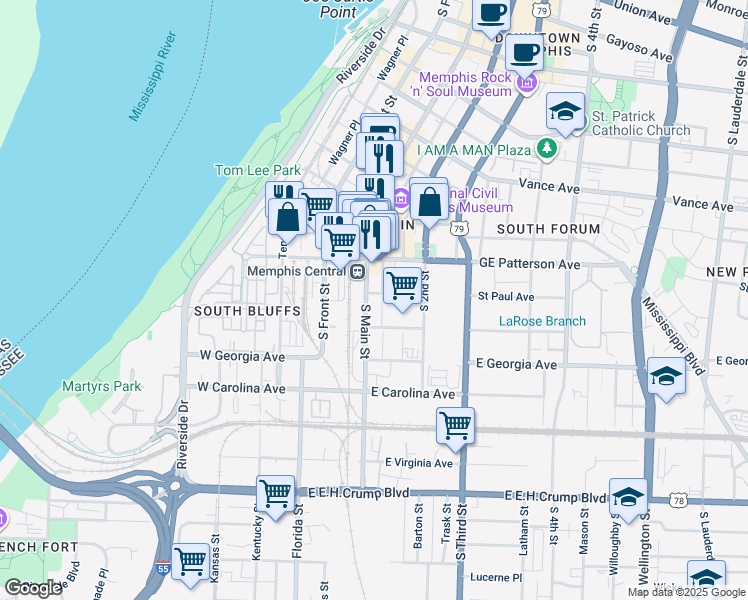 map of restaurants, bars, coffee shops, grocery stores, and more near 580 South Main Street in Memphis