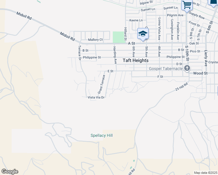 map of restaurants, bars, coffee shops, grocery stores, and more near in Taft