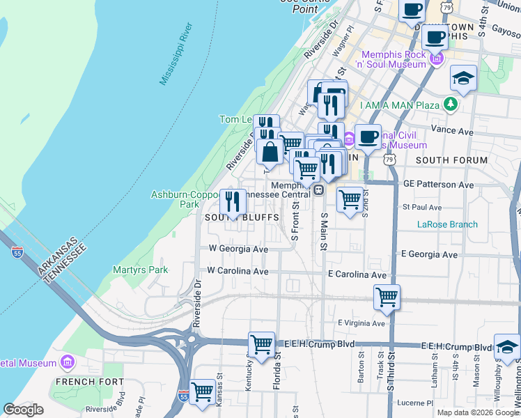 map of restaurants, bars, coffee shops, grocery stores, and more near 32 Nottoway Blvd in Memphis