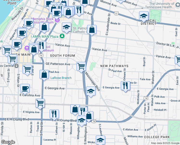 map of restaurants, bars, coffee shops, grocery stores, and more near 457 Brightside Street in Memphis