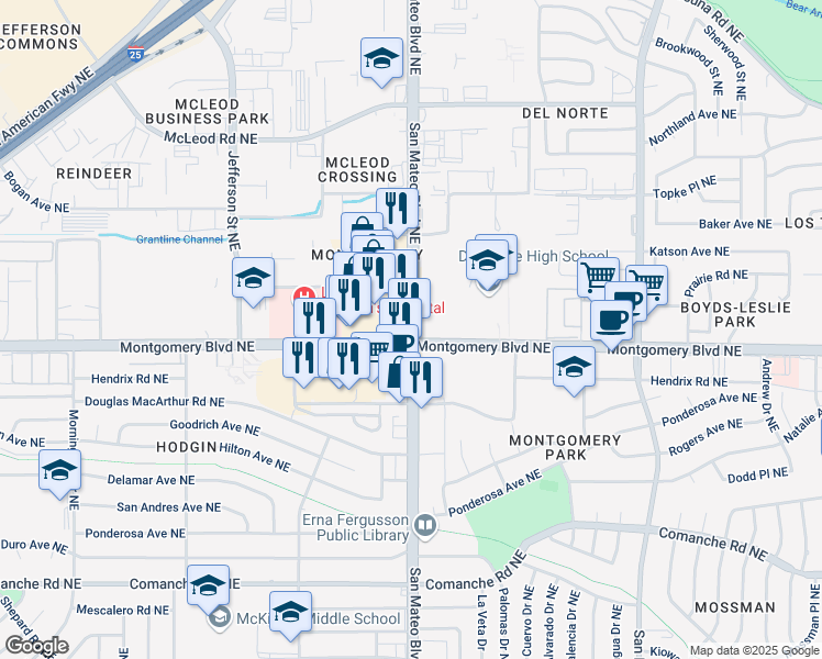 map of restaurants, bars, coffee shops, grocery stores, and more near 4407 San Mateo Boulevard Northeast in Albuquerque