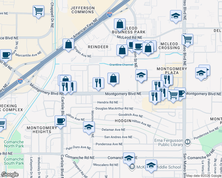 map of restaurants, bars, coffee shops, grocery stores, and more near 4169 Montgomery Boulevard Northeast in Albuquerque