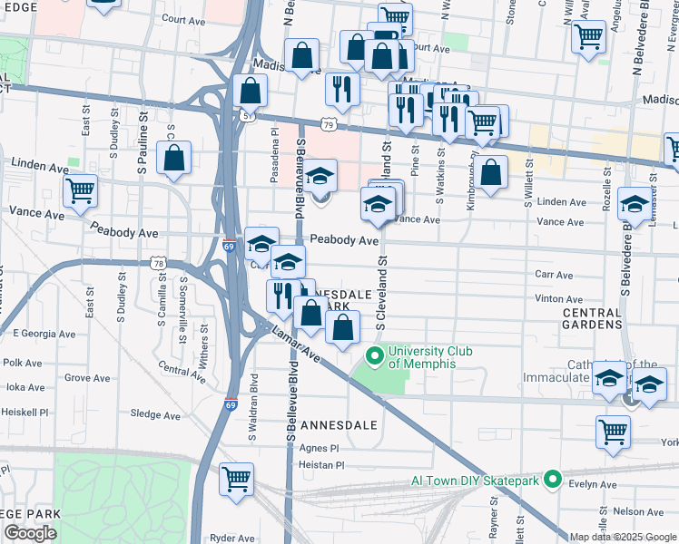 map of restaurants, bars, coffee shops, grocery stores, and more near 1265 Carr Avenue in Memphis
