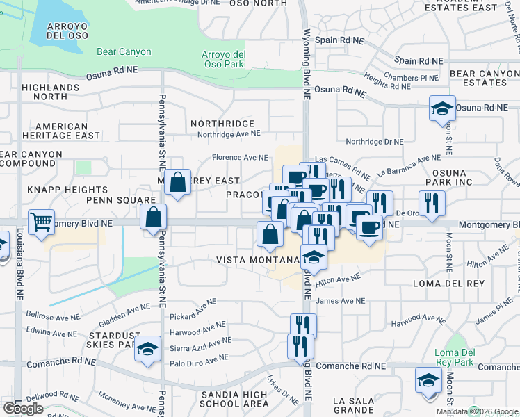 map of restaurants, bars, coffee shops, grocery stores, and more near 8225 Bret Place Northeast in Albuquerque