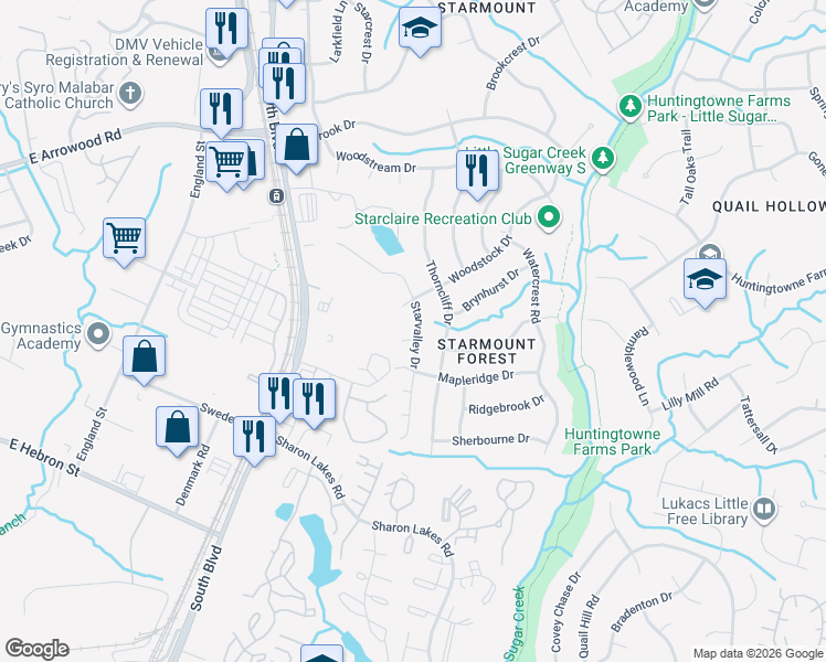 map of restaurants, bars, coffee shops, grocery stores, and more near 7328 Starvalley Drive in Charlotte