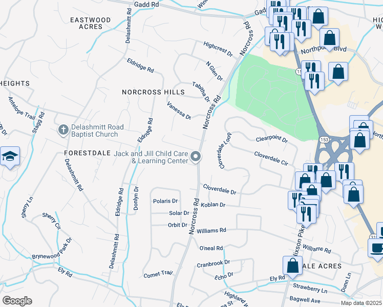 map of restaurants, bars, coffee shops, grocery stores, and more near 1304 Michael Lane in Chattanooga