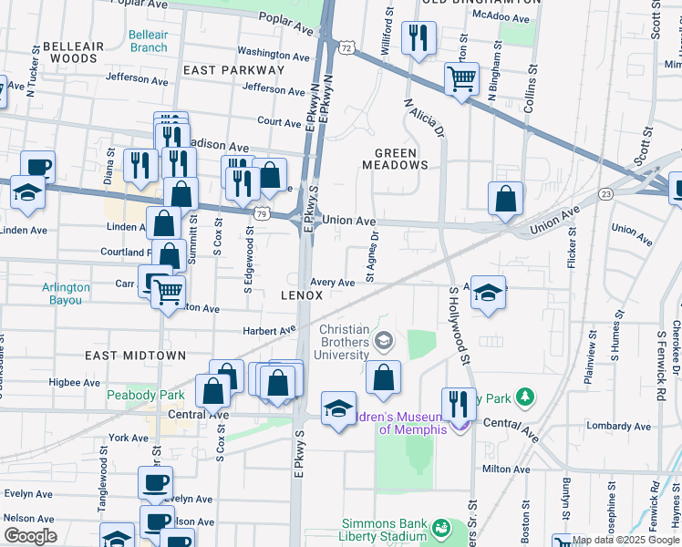 map of restaurants, bars, coffee shops, grocery stores, and more near 167 Roberta Drive in Memphis