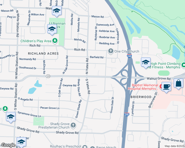 map of restaurants, bars, coffee shops, grocery stores, and more near 5644 Walnut Grove Road in Memphis