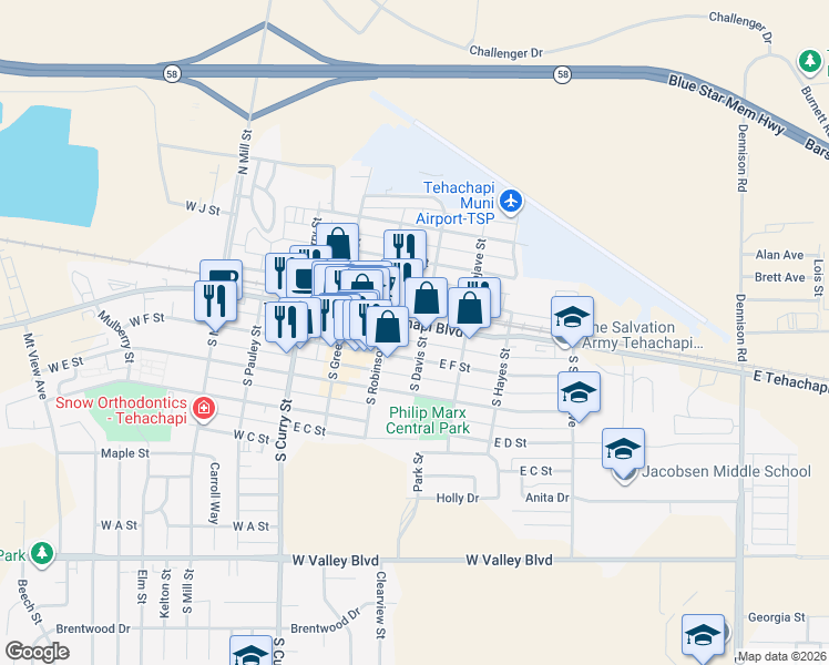 map of restaurants, bars, coffee shops, grocery stores, and more near 230 East Tehachapi Boulevard in Tehachapi