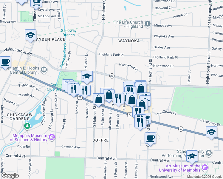map of restaurants, bars, coffee shops, grocery stores, and more near 17 South Reese Street in Memphis