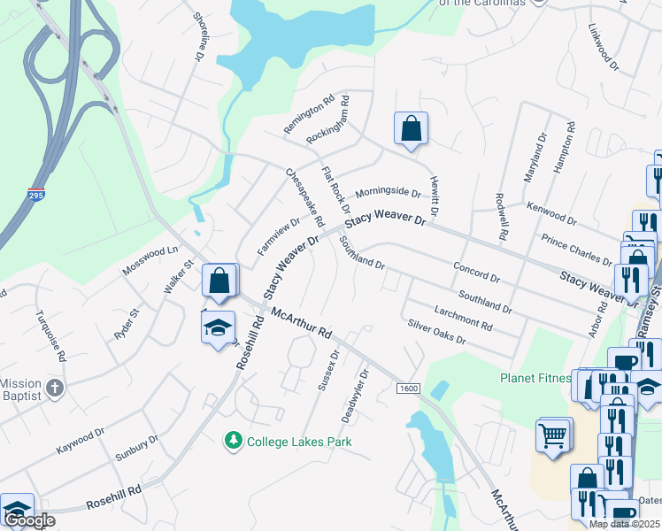 map of restaurants, bars, coffee shops, grocery stores, and more near 5061 Chesapeake Road in Fayetteville
