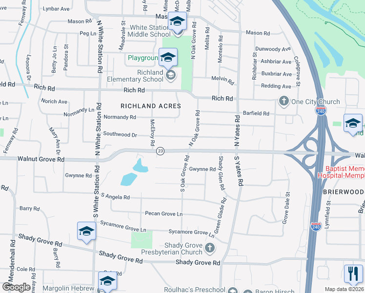 map of restaurants, bars, coffee shops, grocery stores, and more near 5460 Walnut Grove Road in Memphis
