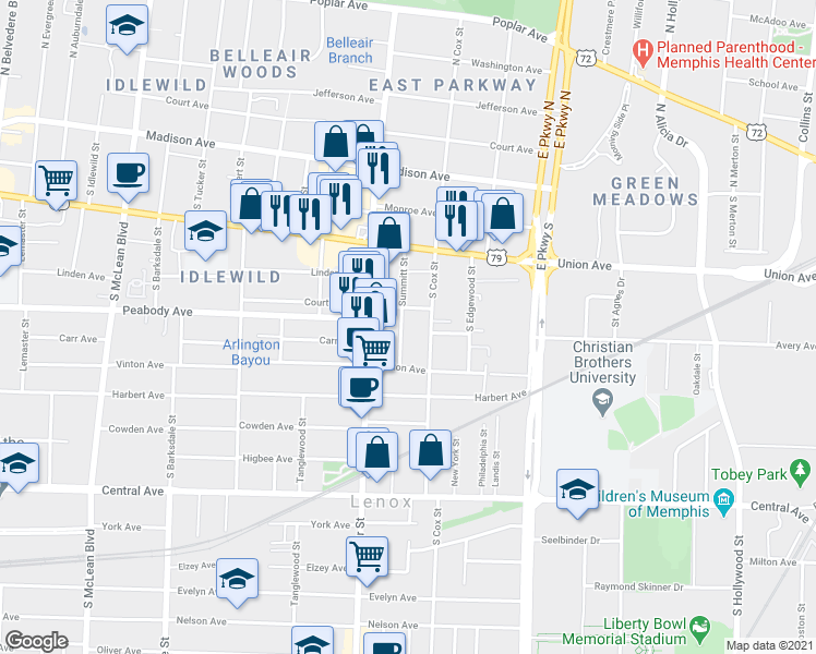 map of restaurants, bars, coffee shops, grocery stores, and more near 522 Summitt Street in Memphis