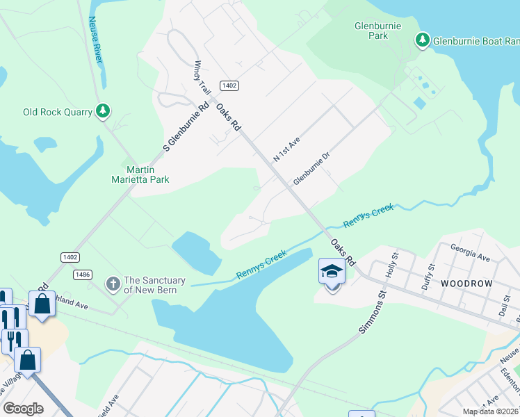 map of restaurants, bars, coffee shops, grocery stores, and more near 112 Mourning Dove Trail in New Bern