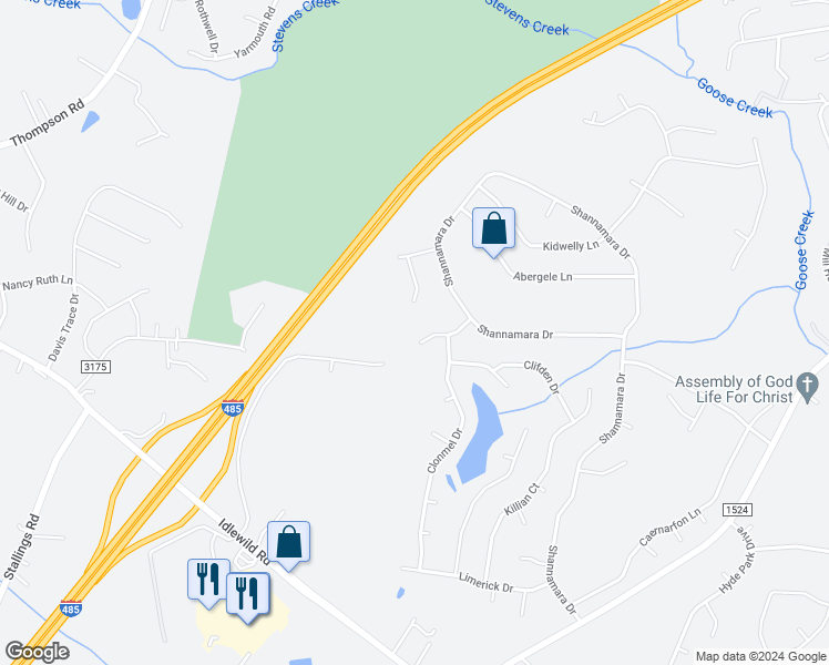 map of restaurants, bars, coffee shops, grocery stores, and more near 5638 Anglesey Court in Matthews
