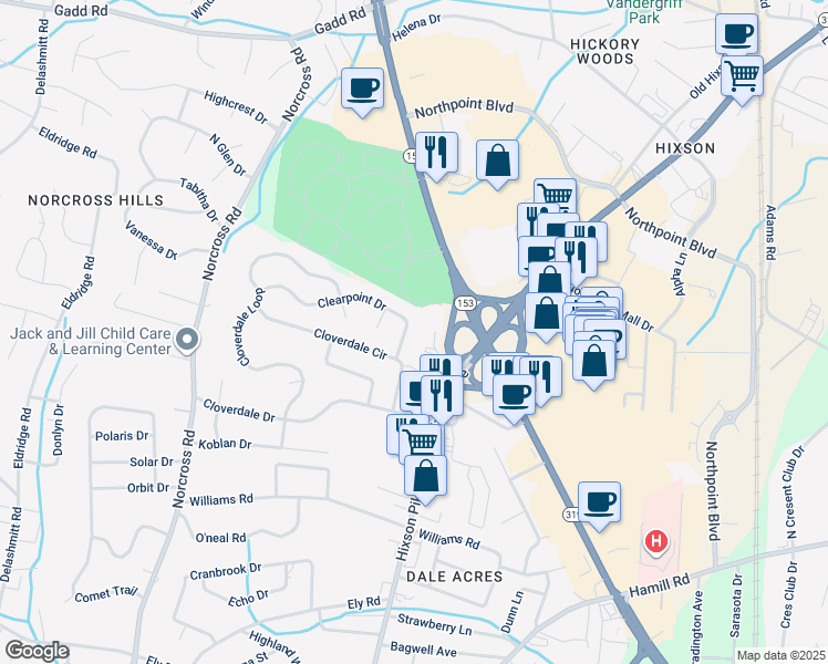 map of restaurants, bars, coffee shops, grocery stores, and more near 1425 Clearpoint Drive in Chattanooga