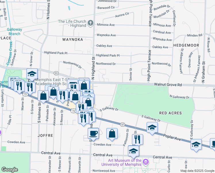 map of restaurants, bars, coffee shops, grocery stores, and more near 3565 Walnut Grove Rd in Memphis