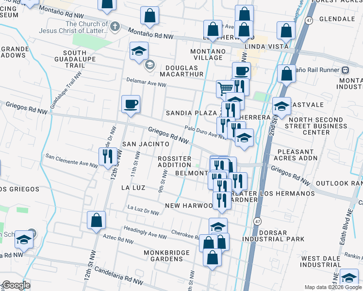 map of restaurants, bars, coffee shops, grocery stores, and more near 704 Griegos Road Northwest in Albuquerque