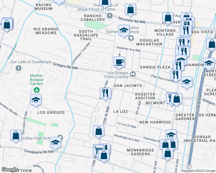 map of restaurants, bars, coffee shops, grocery stores, and more near 4608 Grande Drive Northwest in Albuquerque