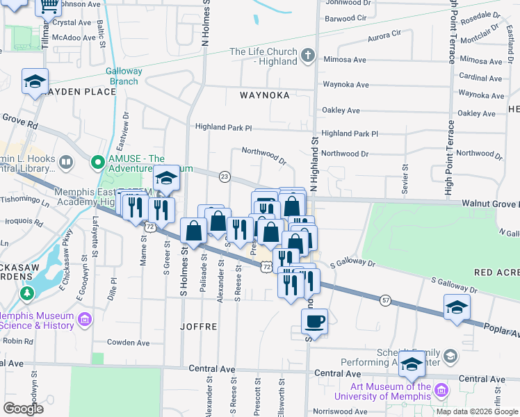 map of restaurants, bars, coffee shops, grocery stores, and more near 3444 Plaza Avenue in Memphis