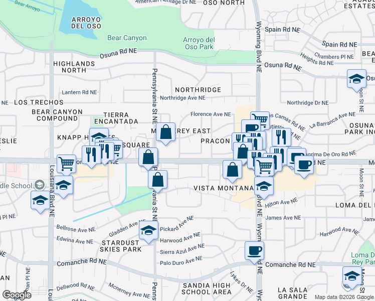 map of restaurants, bars, coffee shops, grocery stores, and more near 8113 Monterey East Avenue Northeast in Albuquerque