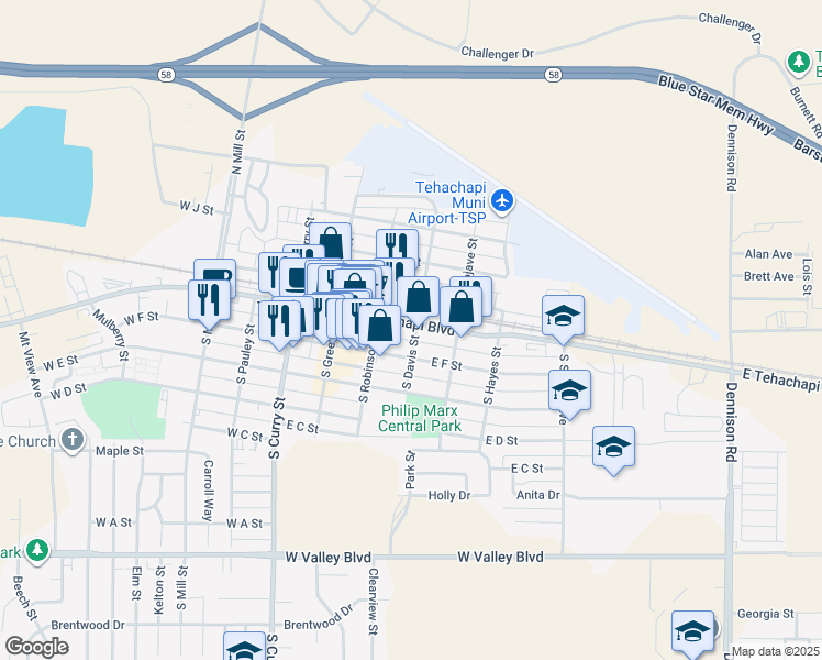 map of restaurants, bars, coffee shops, grocery stores, and more near 230 East Tehachapi Boulevard in Tehachapi