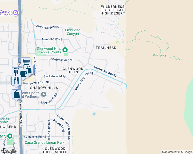 map of restaurants, bars, coffee shops, grocery stores, and more near 13500 Sunset Canyon Drive Northeast in Albuquerque