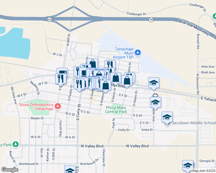 map of restaurants, bars, coffee shops, grocery stores, and more near 128 East Tehachapi Boulevard in Tehachapi