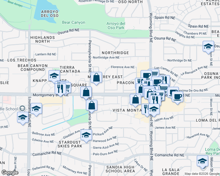 map of restaurants, bars, coffee shops, grocery stores, and more near 8113 Monterey East Avenue Northeast in Albuquerque