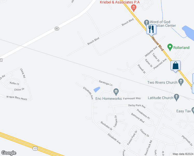 map of restaurants, bars, coffee shops, grocery stores, and more near 236 Saratoga Lane in New Bern
