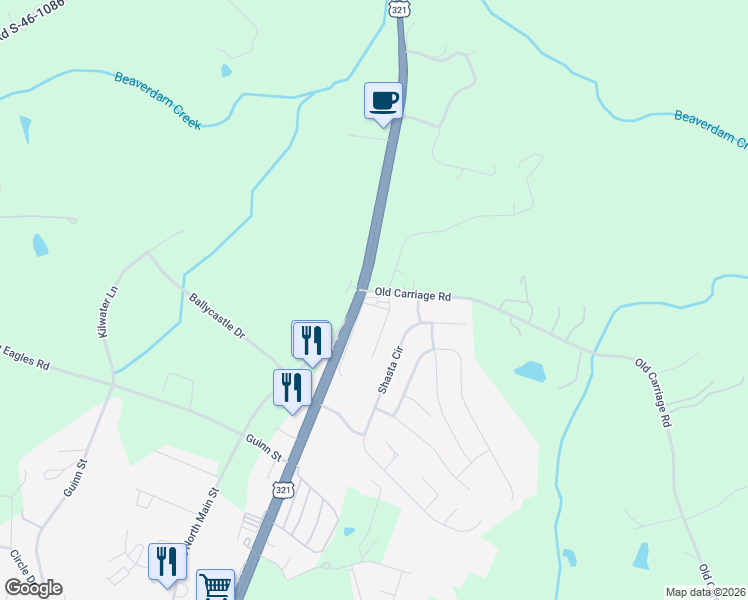 map of restaurants, bars, coffee shops, grocery stores, and more near 690 Old Carriage Road in Clover