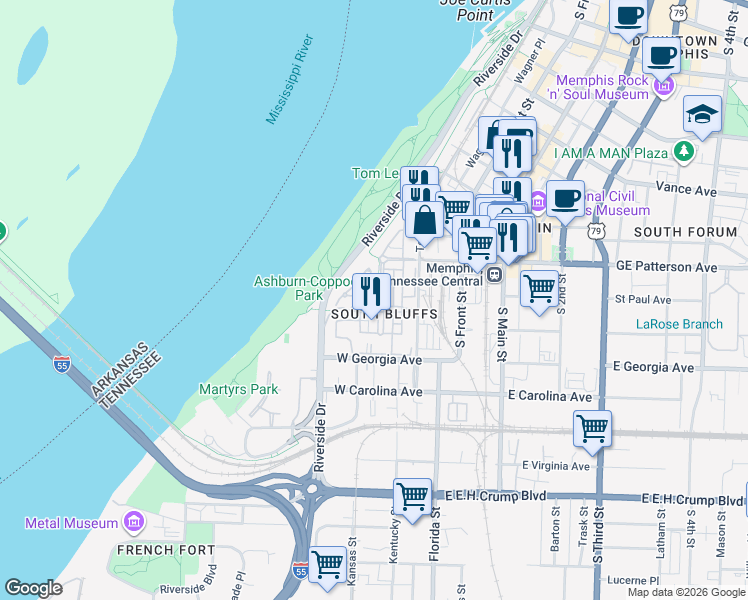 map of restaurants, bars, coffee shops, grocery stores, and more near 561 Monteigne Boulevard in Memphis