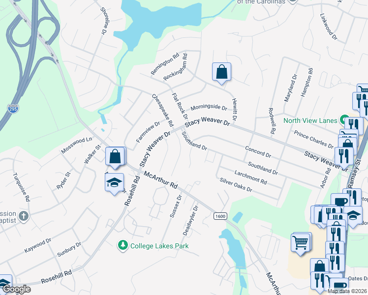 map of restaurants, bars, coffee shops, grocery stores, and more near 5061 Chesapeake Road in Fayetteville