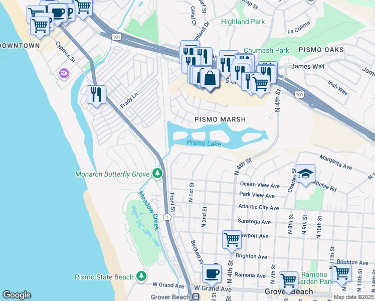 map of restaurants, bars, coffee shops, grocery stores, and more near 941 Front Street in Grover Beach