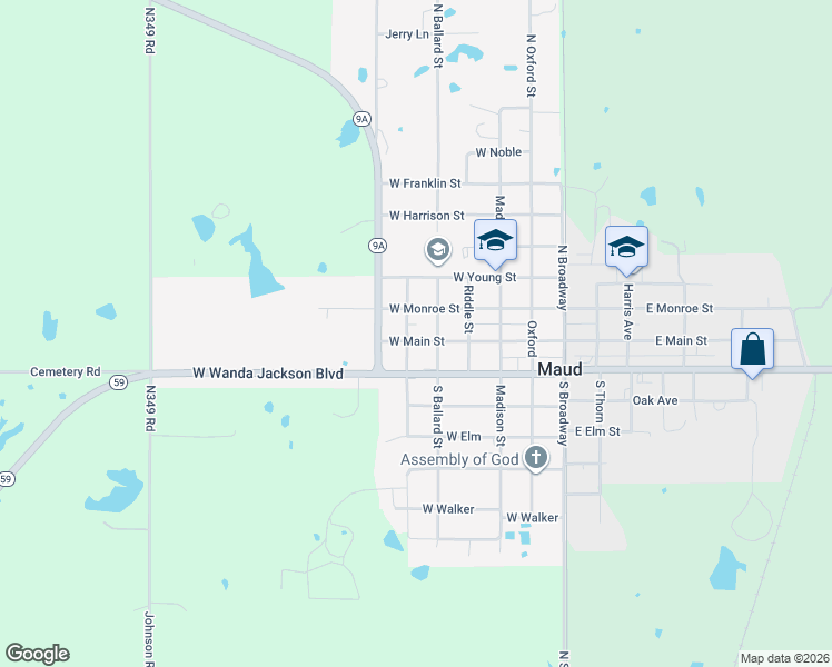 map of restaurants, bars, coffee shops, grocery stores, and more near 518 East Main Street in Maud