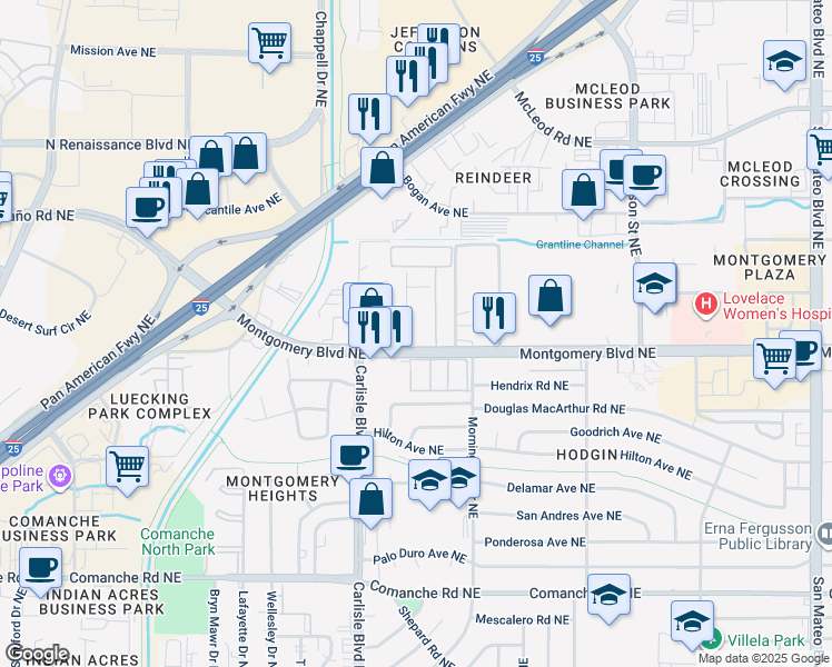 map of restaurants, bars, coffee shops, grocery stores, and more near 3825 Montgomery Boulevard Northeast in Albuquerque