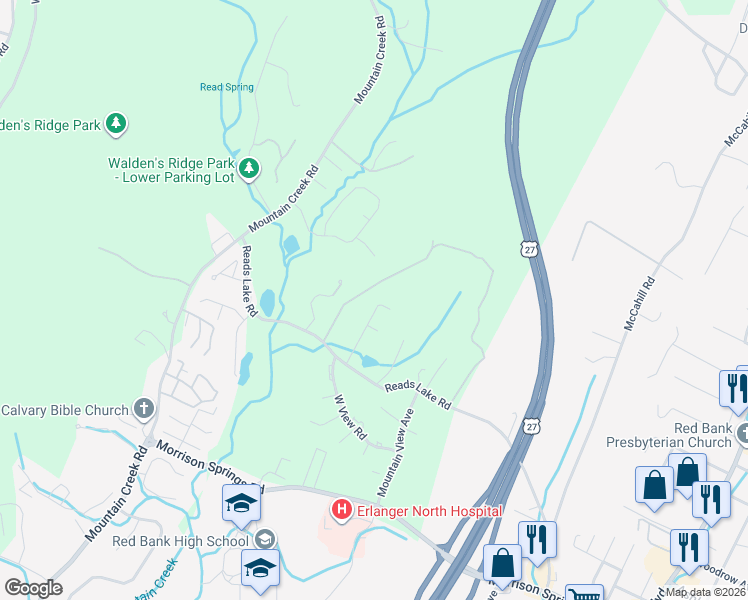 map of restaurants, bars, coffee shops, grocery stores, and more near 4521 Spring Lake Road in Chattanooga