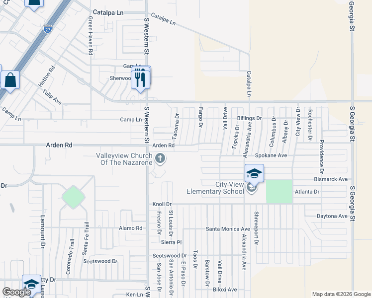 map of restaurants, bars, coffee shops, grocery stores, and more near 3805 Arden Road in Amarillo
