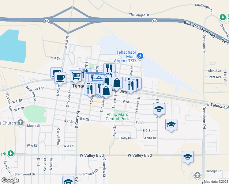 map of restaurants, bars, coffee shops, grocery stores, and more near 230 East Tehachapi Boulevard in Tehachapi