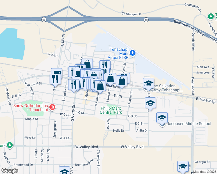 map of restaurants, bars, coffee shops, grocery stores, and more near 230 East Tehachapi Boulevard in Tehachapi