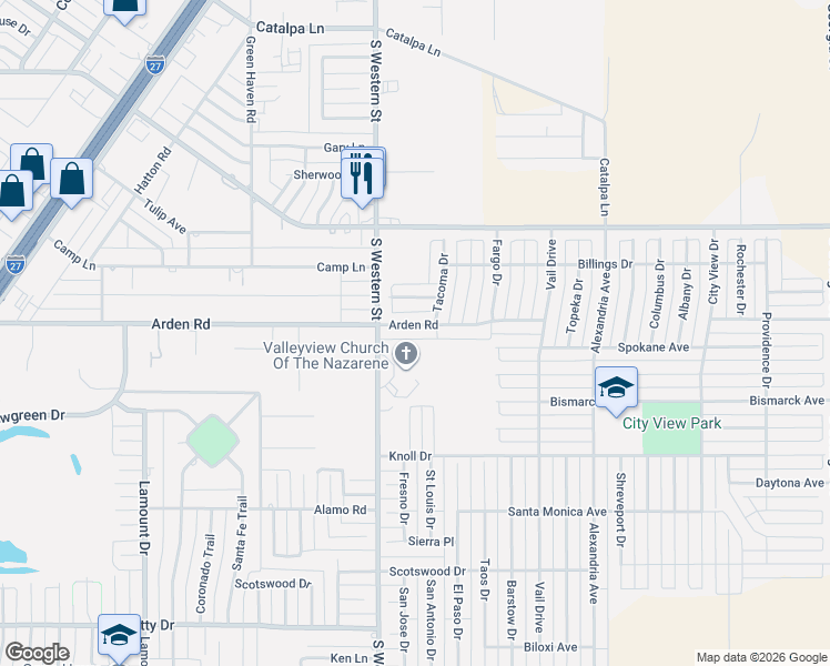 map of restaurants, bars, coffee shops, grocery stores, and more near 3913 Arden Rd in Amarillo