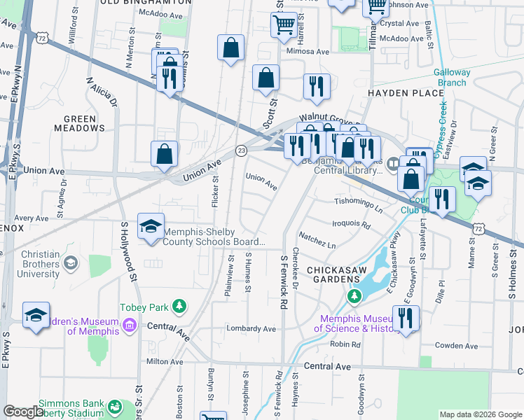 map of restaurants, bars, coffee shops, grocery stores, and more near 2780 Natchez Lane in Memphis