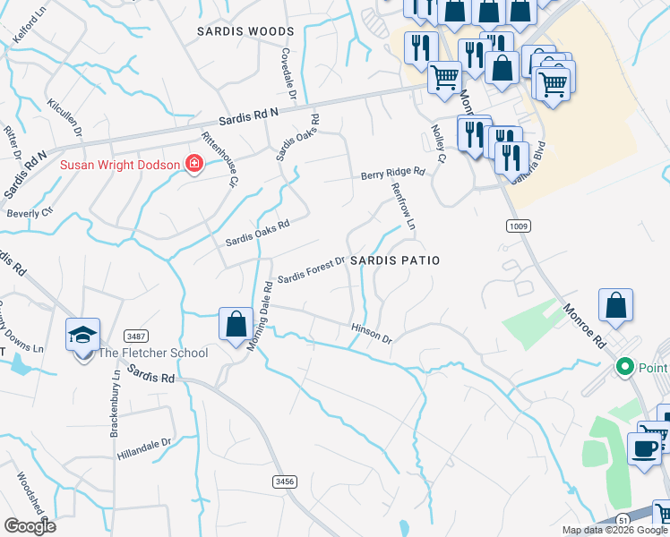map of restaurants, bars, coffee shops, grocery stores, and more near 9232 Sardis Forest Drive in Charlotte