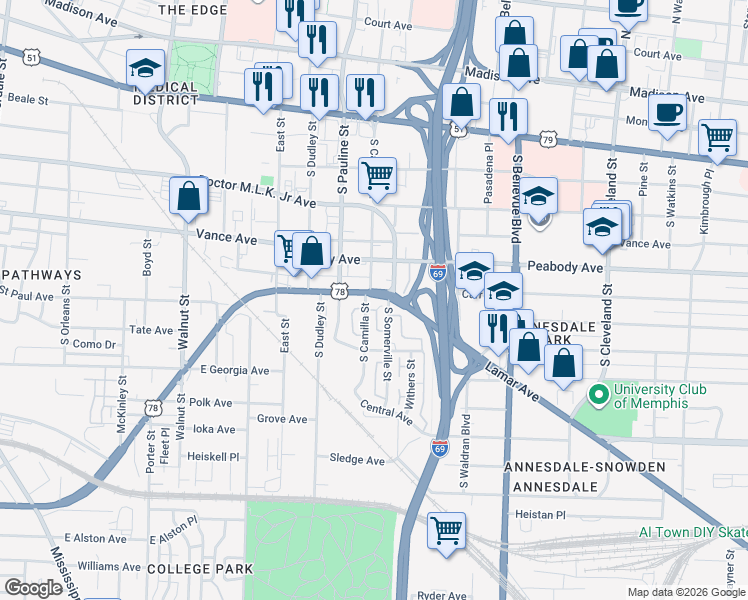 map of restaurants, bars, coffee shops, grocery stores, and more near 1043 East E.H.Crump Boulevard in Memphis