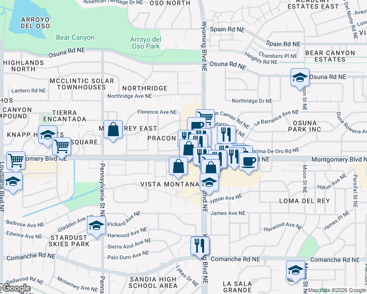 map of restaurants, bars, coffee shops, grocery stores, and more near 4512 Norma Drive Northeast in Albuquerque