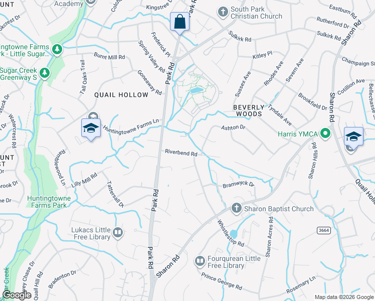 map of restaurants, bars, coffee shops, grocery stores, and more near 3809 Riverbend Road in Charlotte