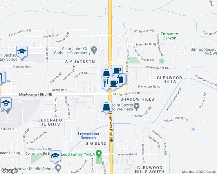 map of restaurants, bars, coffee shops, grocery stores, and more near 12521 Montgomery Boulevard Northeast in Albuquerque