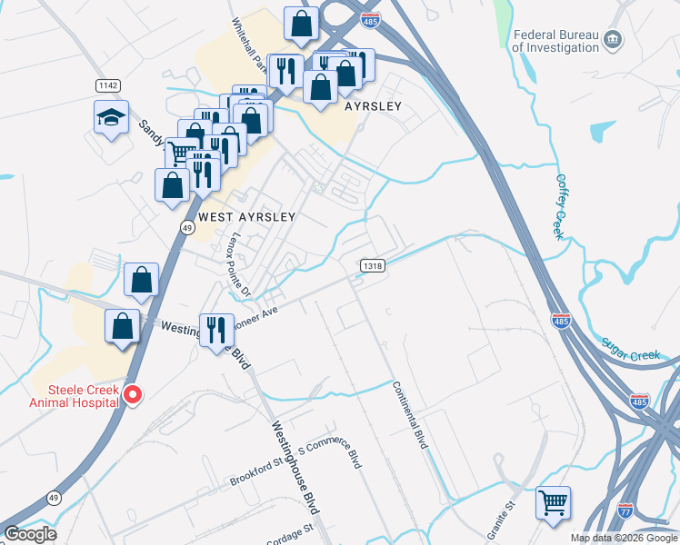 map of restaurants, bars, coffee shops, grocery stores, and more near 2111 Bonner Bridge Ct in Charlotte