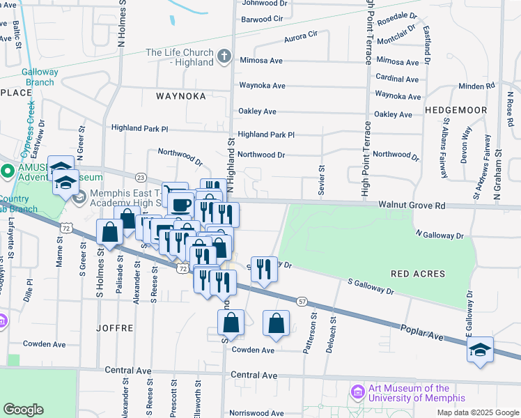 map of restaurants, bars, coffee shops, grocery stores, and more near 3565 Walnut Grove Road in Memphis